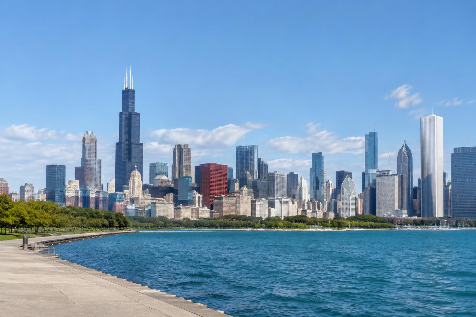 The Chicago skyline and Willis Tower viewed across the Lake Michigan waterfront
