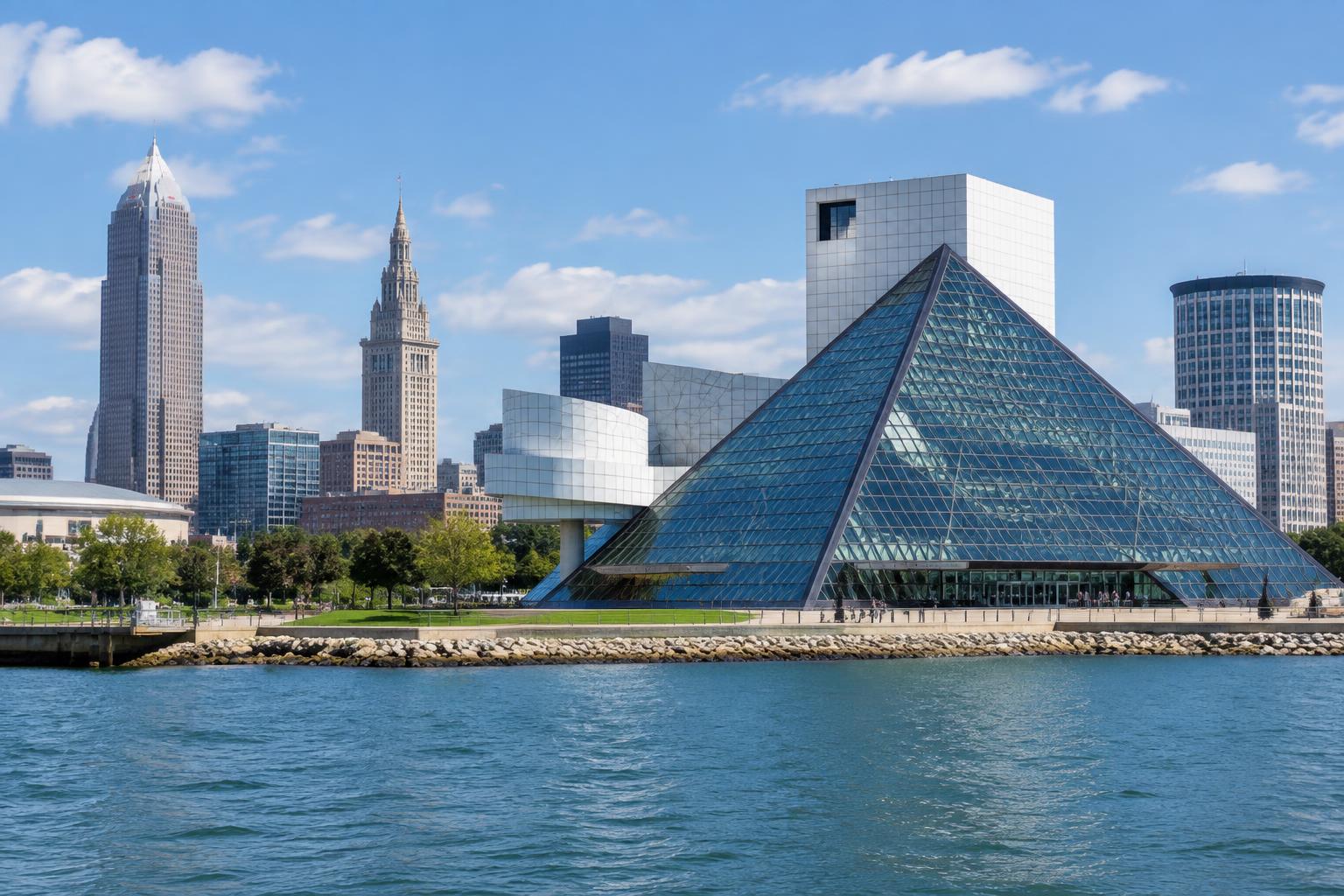 The Rock and Roll Hall of Fame and downtown Cleveland from the Lake Erie waterfront