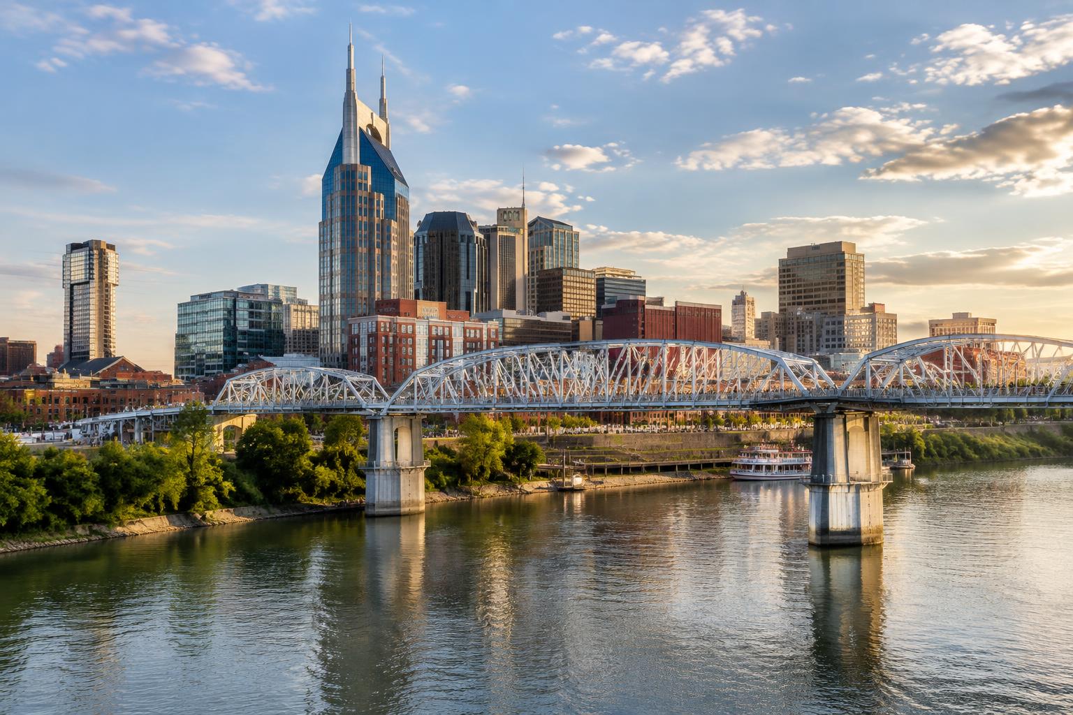 Downtown Nashville and the John Seigenthaler Pedestrian Bridge across the Cumberland River
